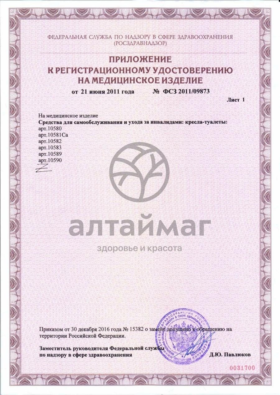 Сертификат на товар Кресло-туалет 10580 Кресло-туалет 10580 сертификат