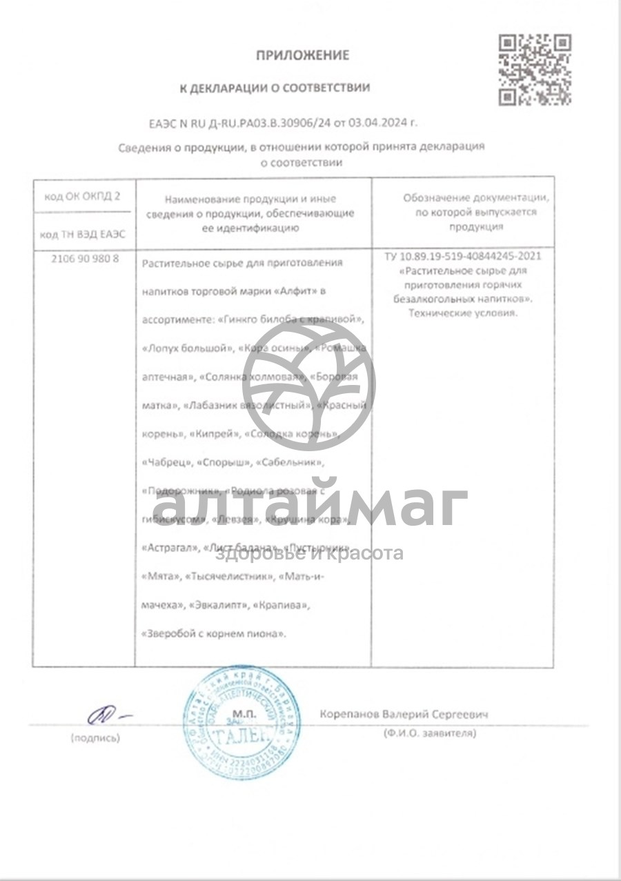 Сертификат на товар Мята Алфит №25 Мята Алфит №25 сертификат