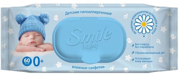 Влажные салфетки Smile Baby фитолиния с клапаном №60 фотография